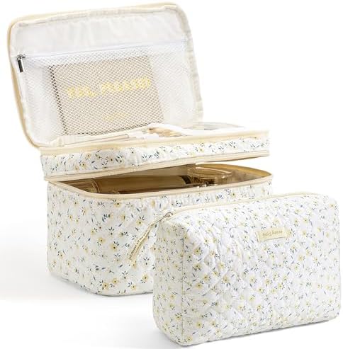 HBselect 2Pcs Double Layer Travel Makeup Bag Women, Cotton Quilted Makeup Bag Coquette Makeup Bag Large Travel Cosmetic Bag Aesthetic Cute Kawaii Cherry Makeup Bag Toiletry Bags for Women Girls