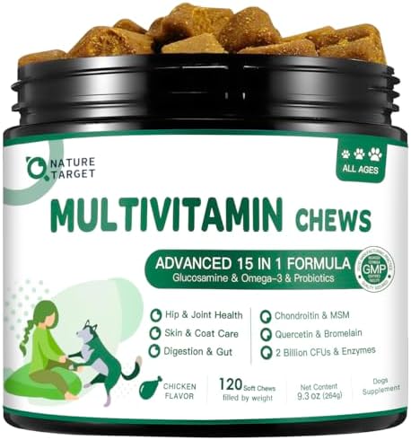 NATURE TARGET Multivitamin for Dogs - with MSM & Glucosamine, Omegas 3 & 6, Probiotics for Digestive Health, Joint Support, Skin & Coat, Immune System & Overall Health 120 Soft Chews