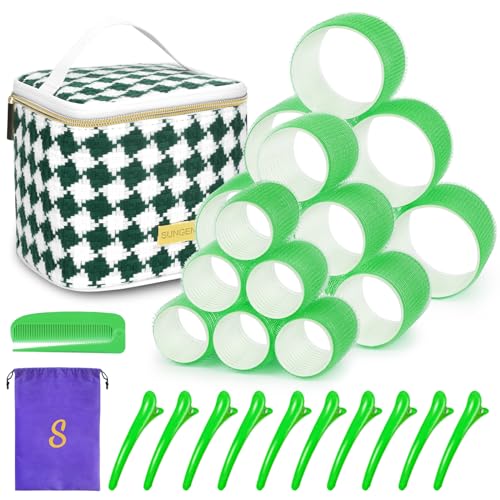 Hair Roller Set 18 pcs Heatless Self Grip Rollers With Clips and Comb, Salon Curlers for DIY Styles, 3 Green Sizes in 1 Set by Sungenol