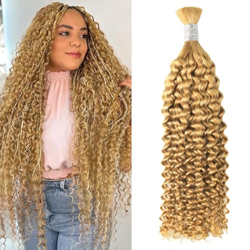 27 Honey Blonde Human Braiding Hair Deep Curly Bulk Human Hair for Braiding 100g No Weft Hair Extensions 100% Brazilian Virgin Human Hair Bulk Human Braiding Hair for Boho Braids 16 Inch