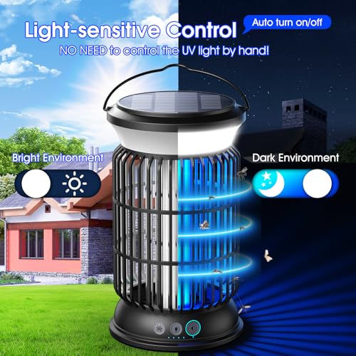 Solar Bug Zapper Outdoor, 4200V Mosquito Zapper, 4000mAh Rechargeable Bug Zapper, Portable Fly Zapper with 9 Modes Light, Waterproof Electric Insect Zapper for Outside, Patio, Backyard, Garden