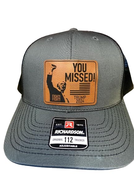 You Missed Trump Shot Never Surrender Trucker Hat, Conservative Cap, Leather Patch Hat, Laser Engraved,- Adjustable Snapback for Republicans (Charcoal)