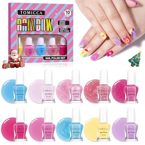 TOMICCA Kids Nail Polish - 10 Colors Quick Dry Nail Polish, Peel Off Water Based Rainbow Nail Polish, Kids Natural Safe Non Toxic Nail Polish for Toddler Teen