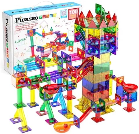 PicassoTiles Marble Run 100 Piece Magnetic Tile Race Track Toy Play Set STEM Building & Learning Educational Magnet Construction Child Brain Development Kit Boys Girls Age 3 4 5 6 7 8+ Years Old Toys