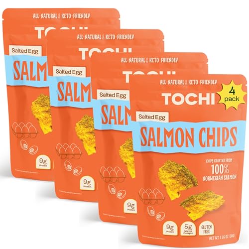 Tochi Norwegian Salmon Skin Chips - Healthy, Premium, Low Carb, Diabetic Friendly, Gluten free, High Protein, Omega-3’s & Collagen - similar to pork rinds, chicken skin chips - Salted Egg Flavor | 1.8 oz, 4 pack