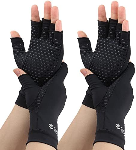 2 Pairs Compression Gloves for Women and Men, Fingerless Copper Arthritis Gloves for Rheumatoid Arthritis Osteoarthritis Carpal Tunnel, Hand Pain Relief and Support, Open Finger (Black, Medium)