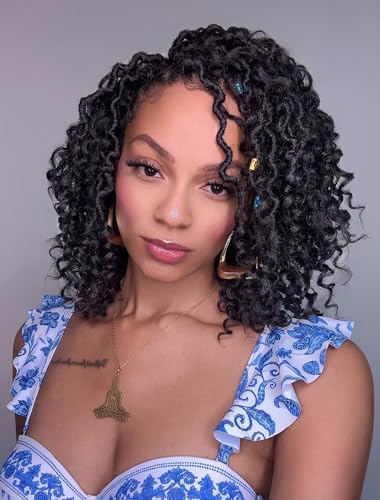 Goddess Locs Crochet Hair 10 Inch 7 Packs Boho Faux Locs Crochet Hair for Black Women Pre Looped Crochet Locs with Curly Ends (#1B)