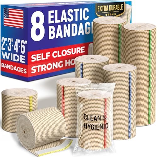 High-Performance Elastic Bandage Wrap - 8pk (2x2in, 2x3in, 2x4in, 2x6in) - Strong Self-Closing Compression Bandage Wrap - Foot, Ankle, Wrist, Knee, Body Wrap