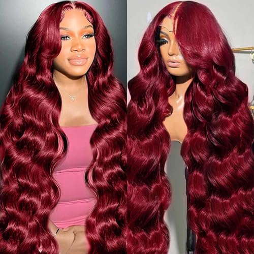 99j Burgundy Lace Front Wigs Human Hair 13x6 Body Wave Lace Front Wigs Human Hair Pre Plucked Glueless Red Wig Wine Red Lace Front Wigs Human Hair Wigs for Women Reddish Brown 180% Density 30Inch