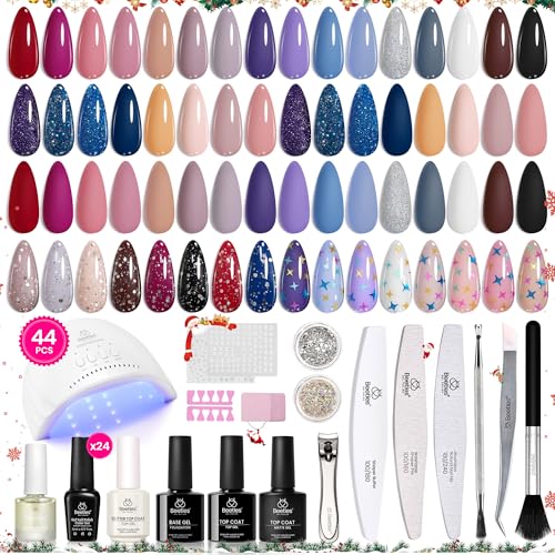 Beetles Gel Nail Polish Kit with UV Light 44PCS Red Blue Gel Nail kit 24 Colors with Base and Matte & Glossy Top Coat Soak Off Winter Gel Nail Manicure Tools Gifts for Beginners Gifts for Women