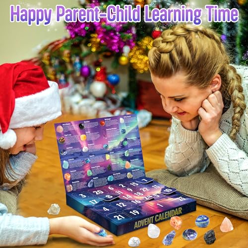 ZIZZ Advent Calendar 2024 Christmas - 24 Days Natural Rock Crystal Gemstone Christmas Countdown Calendar for Boys Girls Geology Stone Learning Collection Birthday Christmas Gift Toy for Kid Teen Adult