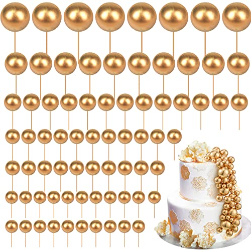 108 Pcs Balls Cake Topper DIY Cupcake Insert Foam Balloons for Cake Baking Wedding Anniversary Birthday Decoration(Gold,Multi Sizes)