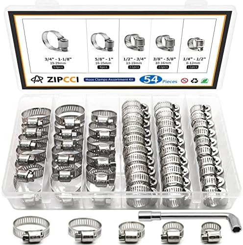 Hose Clamp Kit, 1/4 Inch - 1 Inch 304 Stainless Steel Hose Clamps Assortment, Worm Gear Metal Fuel Line Pipe Clamp Set, 6-29mm (54pack)