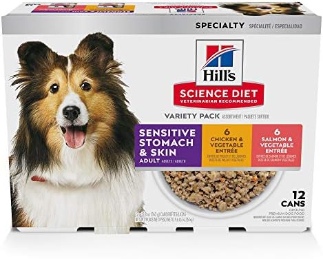 Hill's Science Diet Sensitive Stomach & Skin,Adult 1-6, Stomach & Skin Sensitivity Support,Wet Dog Food,Variety Pack:Chicken & Vegetables; Salmon & Vegetables Loaf,12.8 oz Can Variety Pack, Case of 12