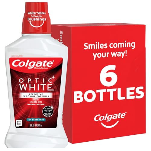 Colgate Optic White Whitening Mouthwash with Hydrogen Peroxide, Alcohol Free, Icy Fresh Mint - 16 fluid ounces (6 Pack)