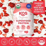 KOS Plant Based Protein Powder, Strawberry and Cream - Organic Pea Protein Blend, Vegan Superfood with 12 Vitamins and Minerals - Made Without Dairy - Meal Replacement for Women & Men, 28 Servings