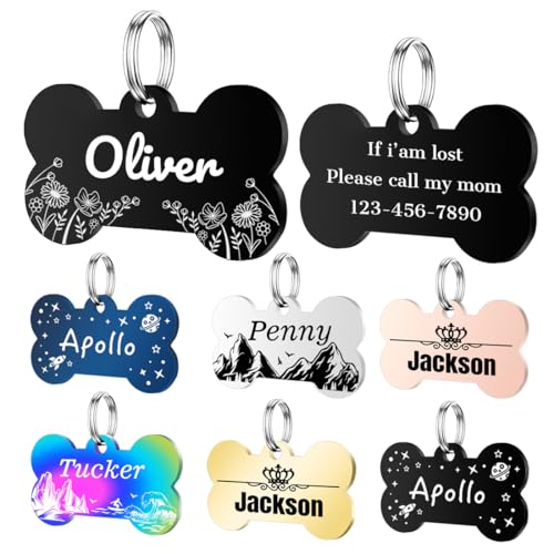 Personalized Dog Tags, Stainless Steel Pet Tags Personalized Dog, Collar Charm Engraved on Both Sides, up to 4 Lines of Custom Text, various Patterns and Colors Options (Blue-Bone-Floral)