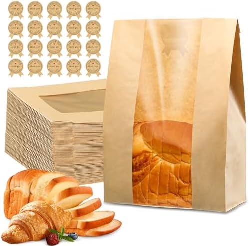 100 Pcs Bread Bags for Homemade Bread, Sourdough Paper Bread Bags With Window, 50% Thicker 13.7x8.2x3.7in, A Large Bakery Bags Used for Storage Bread & Snacks, 110 Cute Sealing Stickers With Ties
