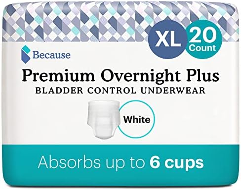 Because Overnight Absorbency Pull Ups - Adult Disposable Incontinence Underwear, Extra Absorbent Nighttime Briefs for Men and Women, White, XLarge, 20 Count