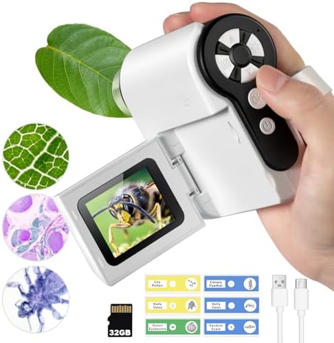 Handheld Microscope for Kids, 1000x Pocket Microscope Camera with 6 Adjustable LED Lights, 2'' LCD Screen Portable Microscope USB to PC Gifts for Kids 8-12, 32GB Card Including