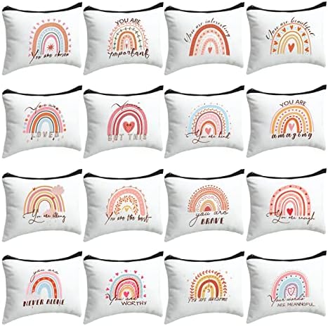 Pinkunn 16 Pcs Canvas Cosmetic Bag Bulk Inspirational Quotes Makeup Bags with Zipper Encouragement Travel Toiletry Pouch Appreciation Gift for Christmas Teacher Birthday Graduation (Rainbow)