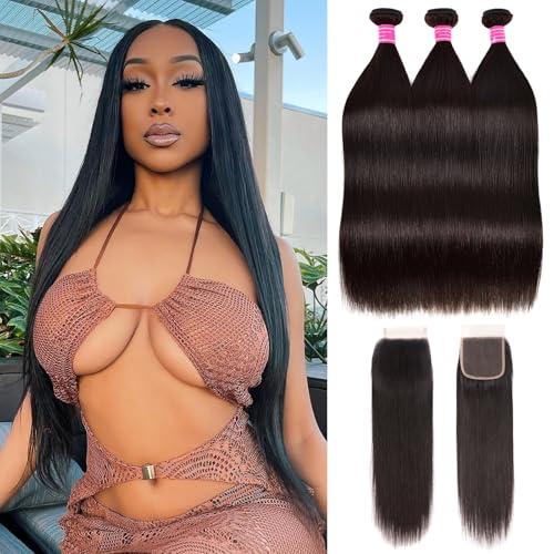 Brazilian Straight 3 Bundles with Closure 100% Unprocessed Virgin Human Hair Straight Hair Bundles with 4X4 Lace Closure Bundles with Swiss Lace Closure Free Part Natural Color(26 28 30+20)