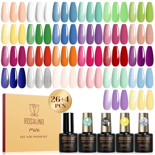 ROSALIND 30pcs Gel Nail Polish Set with Base Gel Top Coat (Glossy Matte and Glitter), 26 Neon Bright Colors Gel Polish Pastel Summer Nail Gel Polish Soak Off U V Manicure Rainbow for Women