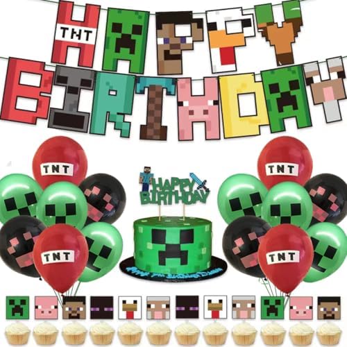 Pixel Birthday Decorations, Party Decorations, Birthday Party Supplies, Banner, Balloons, Tablecloth, Cupcake Toppers, Large Cake Decorations, Table Cover