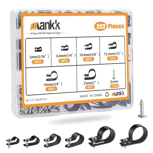 mankk 222PCS Cable Clips Wire Clips Assortment Kit Nylon Plastic R-Type Cable Clamps 6 Sizes (3/16'' 1/4'' 3/8'' 1/2'' 3/4'' 1'') Wire Mounting Clips with Screws for Cable Management