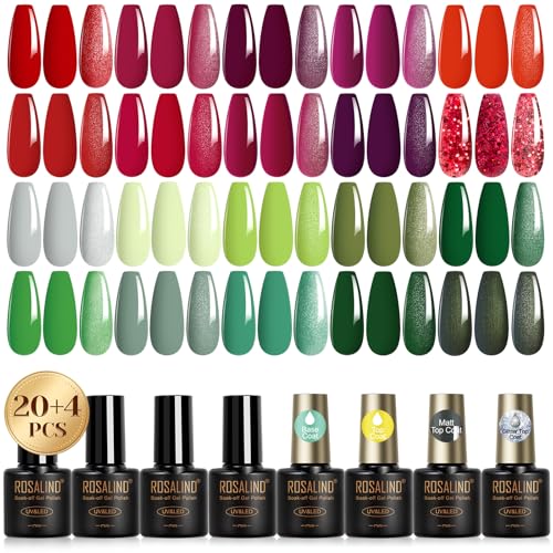 ROSALIND 24pcs Red Green Gel Nail Polish Set with Gel Base and Matte Glossy Glitter Top Coat, Dark Red Pink Green Gel Polish Set Color Soak Off Nail Manicure Salon DIY