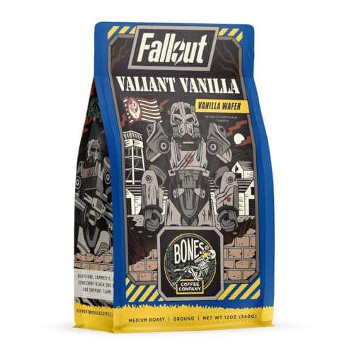 Bones Coffee Company Fallout Valiant Vanilla Flavored Coffee Beans, Medium Roast Ground Coffee Low Acid, Vanilla Wafer Flavor (12 oz)