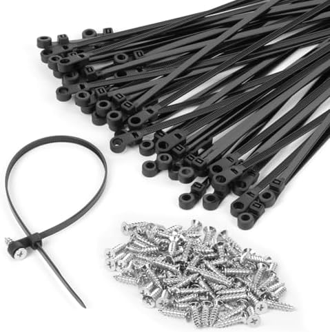 12 Inch Black Cable Ties (100 Pack) zip ties with screw mounting hole 120 lb Strength + 100 Screws - Ideal for Automotive, Fencing & Outdoor Wire Management