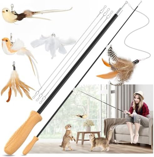 ROSAUI Cat Teaser Wand Toys, Interactive Bird Toys for Indoor Kittens, 43’’ Long cat Fishing Pole Toys, 2pcs Wires and 5pcs Natural Refills, Sustainable Wooden Handles, Exercising, Playing
