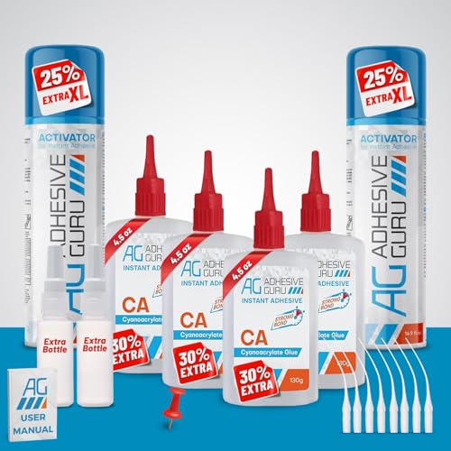 Adhesive Guru CA Glue with Activator (4 x 4.5 oz - 2 x 16.9 fl oz) CA Glue for Woodworking with Microtips, Cyanoacrylate Super Glue for Plastic, Glass, Ceramic, DIY, 3D Printing (2 Pack)