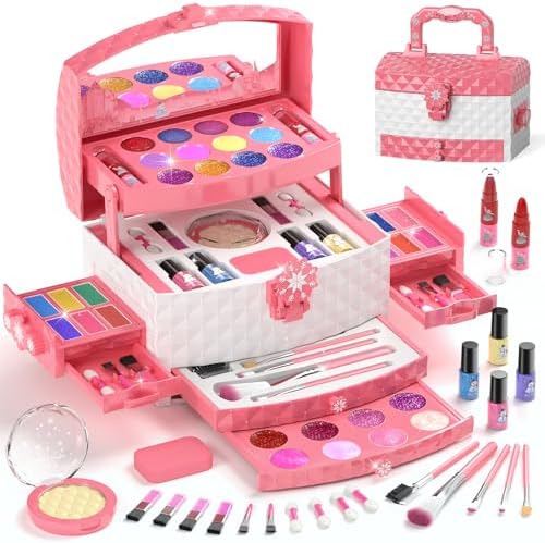 PERRYHOME Kids Makeup Set for Girl 56 Pcs Washable Real Cosmetic, Non-Toxic Frozen Toys Toddler Makeup Kit, Frozen Princess Dress up Kit Christmas & Birthday Girl Gift for 3-12 (Frozen Pink)