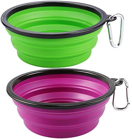 Kytely Large Collapsible Dog Bowls 2 Pack, 34oz Foldable Dog Travel Bowl, Portable Dog Water Food Bowl with Clasp, Pet Cat Feeding Cup Dish for Traveling, Walking, Parking (Green+Purple)