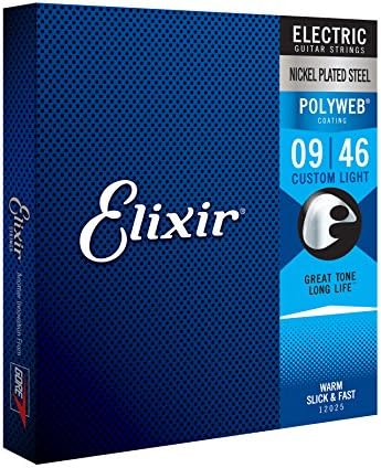 Elixir Strings, Electric Guitar Strings, Nickel Plated Steel with POLYWEB Coating, Longest-Lasting Warm Tone with Comfortable Feel, 6 String Set, Custom Light 9-46