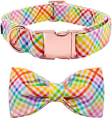 Lionet Paws Easter Dog Collar with Bowtie - Colorful Cute Cotton Bowtie Dog Collar with Metal Buckle for Medium Dog Girl Boy Gift, M, Neck 13.5-22in