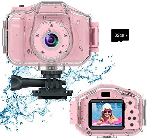DEKER Kids Waterproof Camera for Girls, Christmas Birthday 3-12 Year Old Boys Toddler Toys Gifts, Mini Underwater Children HD Digital Action Cameras, 2 Inch IPS Screen with 32GB Card (Pink)