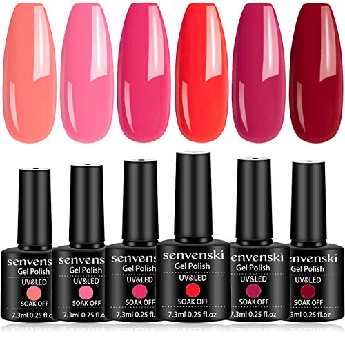 senvenski Gel Nail Polish Light Pink Peach Red Cherry Rose Pearl Glitter Starrily Sparkle Shimmer Crystal Girlfriend Gift Soak Off UV LED Manicure Art Varnish Set Kit (CS6-013)