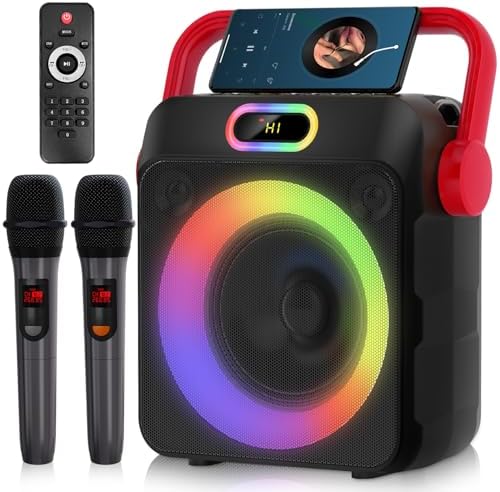 Karaoke Machine with Two Wireless Microphones, Portable Karaoke Machine for Adults & Kids, Bluetooth Speaker with Bass/Treble Adjustment, PA System, LED Lights, Supports TF/USB, AUX in, FM, REC, TWS