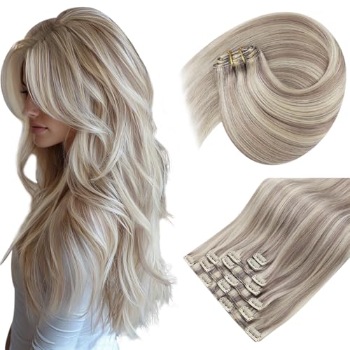Sunny Hair Clip in Hair Extensions Straight Human Hair Clip in Extensions Remy Clip in Hair Extensions Real Human Hair Extensions Clip ins Full Head Dirty Blonde Highlights 20/60 24inch