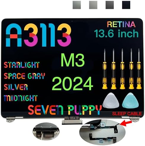 Replacement for Air 13.6" M3 2024 A3113 EMC 8611 13.6 inches 2560x1664 Full LCD Screen Display Complete Assembly (Midnight)