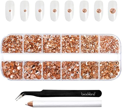 Beadsland Rhinestones for Makeup,8 Sizes 2500pcs Champagne Flatback Rhinestones Eye Gems for Nails Crafts with Tweezers and Wax Pencil,Light Peach,SS4-SS30