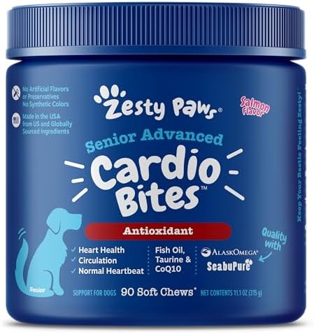 Zesty Paws Cardiovascular Support for Dogs - Taurine for Dogs - with CoQ10, L Carnitine & Sea Buckthorn - Senior Heart Health - AlaskOmega Fish Oil Omega 3 - Senior - Salmon - 90 Count