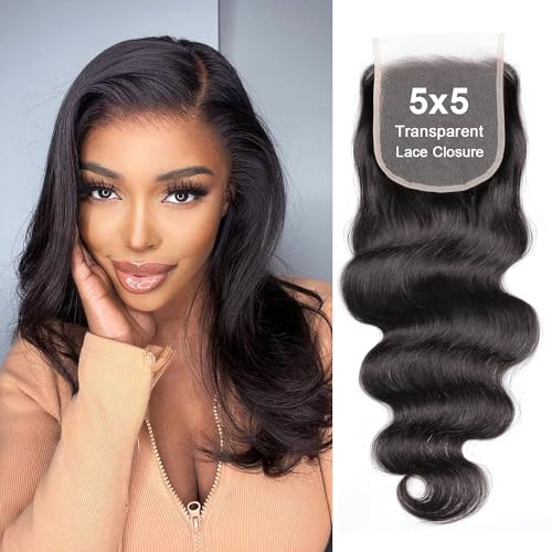 5x5 Transparent HD Lace Closure Human Hair Body Wave Closure No Bleached Knots Invisible Lace Closure Pre Plucked Brazilian Virgin Human Hair Frontal Closure Natural Black 8 Inch