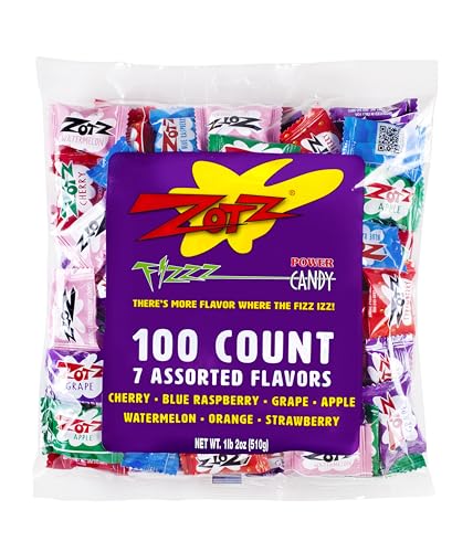 Zotz Fizzy Bulk Candy (Assorted, 100 Units)- Hard Candy Individually Wrapped- Assorted Fruit Flavors, Cherry, Watermelon, Strawberry, Blue Raspberry, Apple, Orange & Grape- From Italy Since 1970