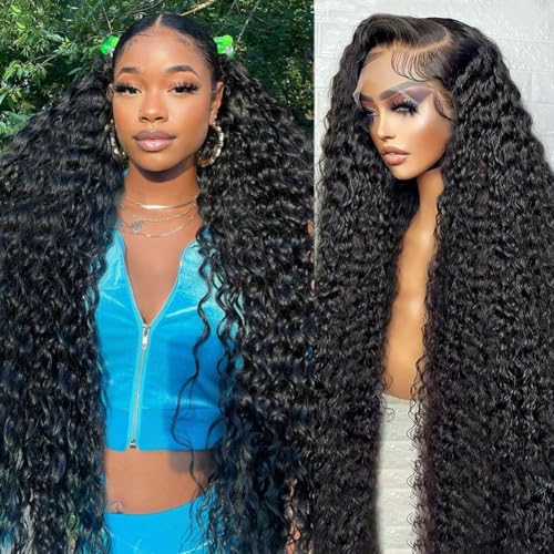 38 Inch Deep Wave Lace Front Wigs Human Hair 13x6 HD Transparent Lace Front Wigs Human Hair 210% Density Deep Curly Human Hair Wig Pre Plucked Deep Wave Frontal Wigs with Baby Hair
