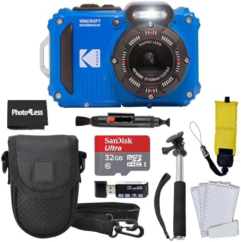 Kodak PIXPRO WPZ2 Rugged Waterproof Shockproof Digital Camera 16MP 4X Optical Zoom 1080P Full HD Video, 2.7 LCD (Blue), 32GB SD Card, Black Compact Camera Case, Floating Strap, Bundle (7 Items)