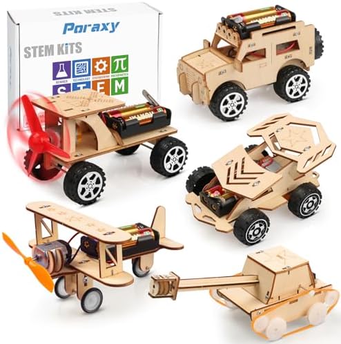 Poraxy 5 in 1 STEM Kits for Kids Age 8-10, Science Building Project Craft for 8-13, Model Car Kit, STEM Toys for Boys Girls Age 8-12, Wooden 3D Puzzles, Birthday Gifts for 6 7 8 9 10 11 12 13 Year Old